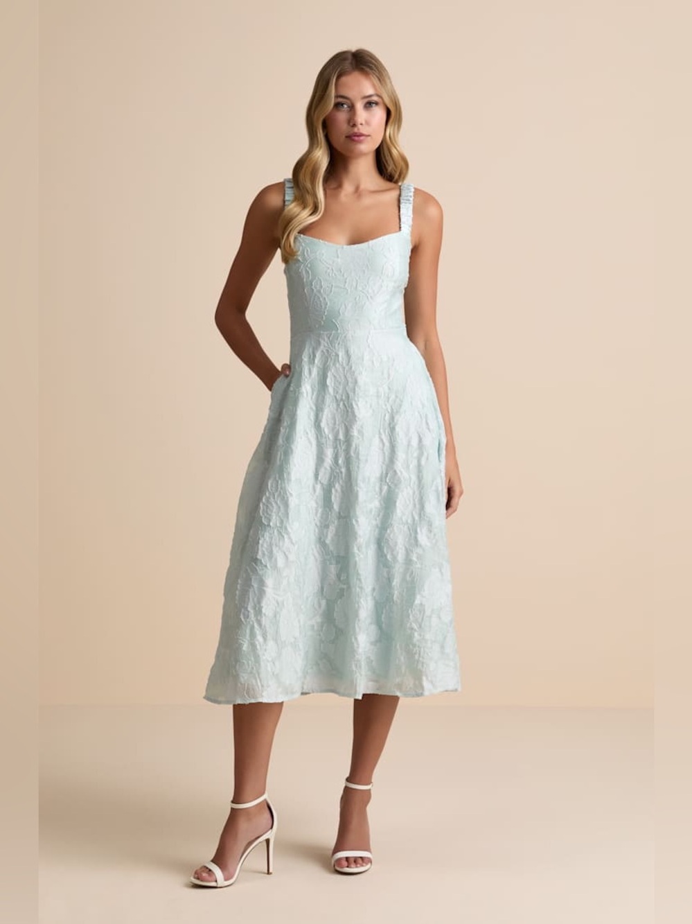 Lulus Light Blue Floral Jacquard Ruched Strap Midi Dress XL